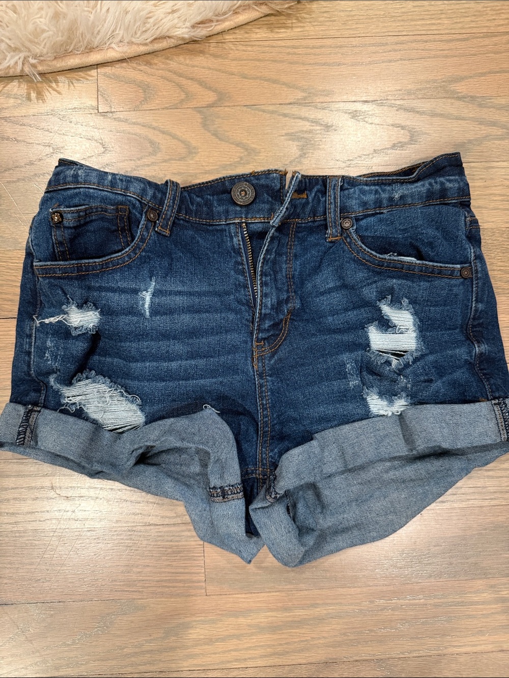 Women’s Dark Blue Distressed Rolled Cuff Denim Shorts